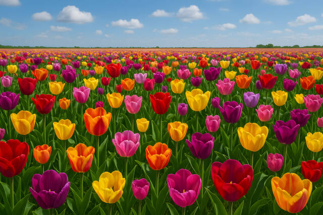 Blühendes Tulpenfeld mit bunten Farben unter blauem Himmel
