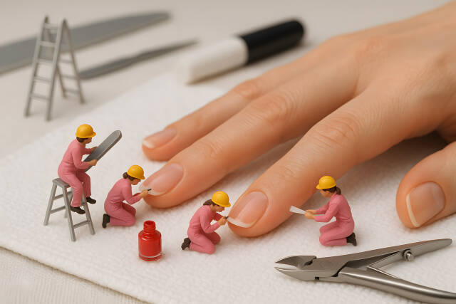 Miniaturarbeiter bei einer kreativen Maniküre an echter Hand