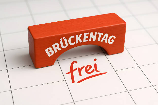 Brückentag Symbol aus Holz über Kalender mit frei Schriftzug