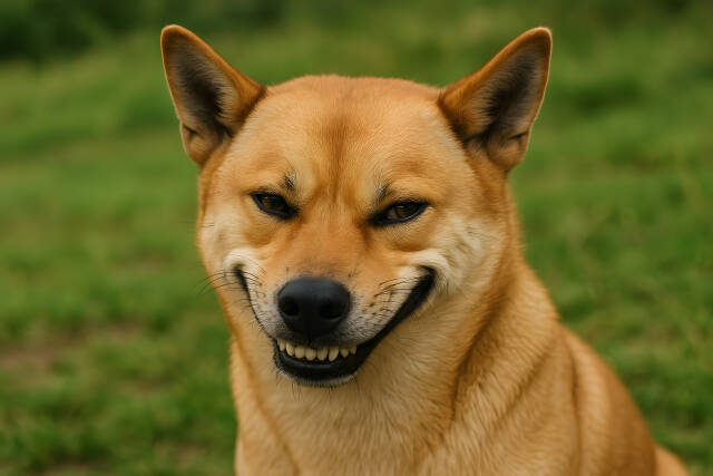 Lächelnder Meme-Hund mit verschmitztem Blick
