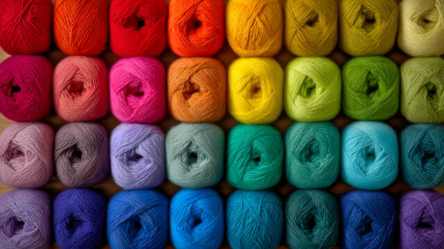 Bunte Wollknäuel in Regenbogenfarben in Aufsicht