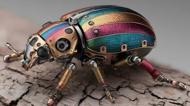 Makroaufnahme eines robotischen Käfers mit Regenbogenpanzer