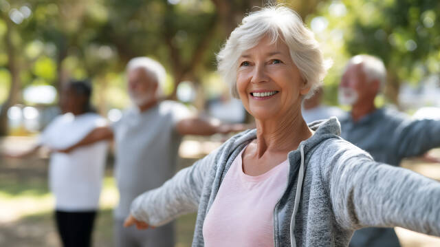 Glückliche Seniorin macht Gymnastik im Park