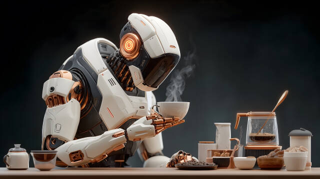Roboter bereitet Kaffee zu in futuristischem Setting