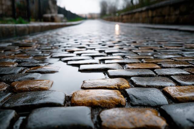 Kopfsteinpflaster bei Regen mit Pfützen