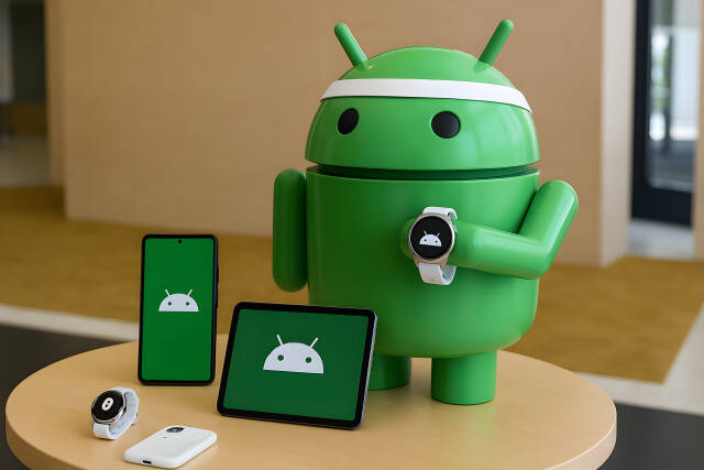 Android Figur mit Smartwatch Tablet Smartphone und Zubehör