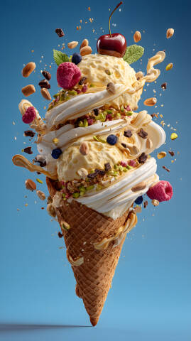 Eiscreme Explosion mit Nüssen Beeren und Sahne auf Blau
