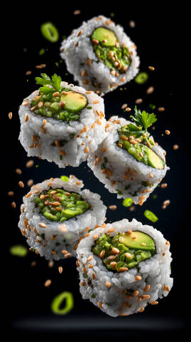 Fliegende vegetarische Sushirollen mit Sesam auf schwarzem Hintergrund