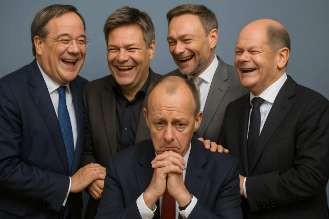 Friedrich Merz wird von Laschet, Habeck, Lindner und Altkanzler Scholz ausgelacht