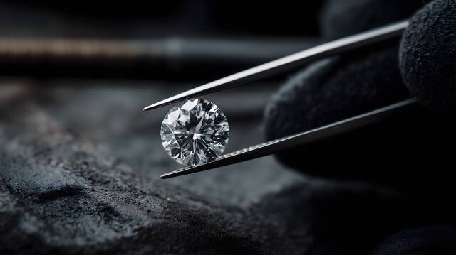 Glänzender Diamant in Pinzette vor dunklem Hintergrund