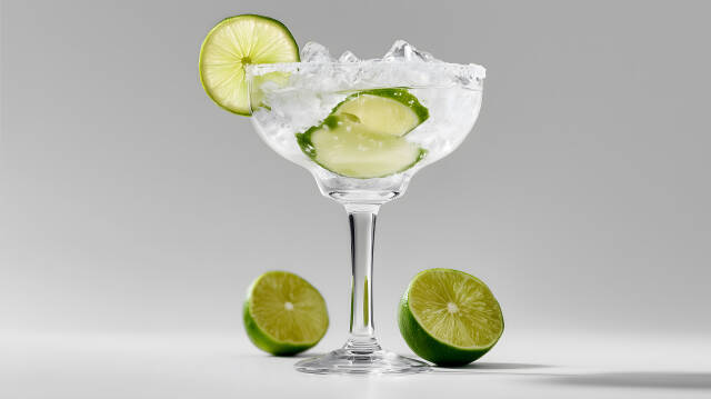 Margarita Glas mit Limette und Eiswürfeln auf Grau