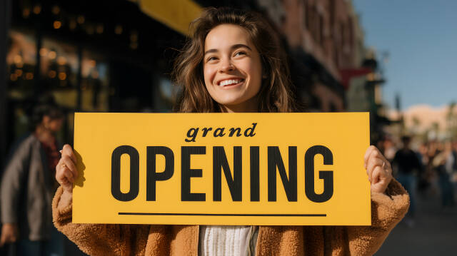 Junge Frau hält gelbes Schild mit Grand Opening Schrift