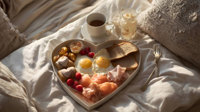 Herzförmiges Frühstück im Bett mit Eiern und Lachs