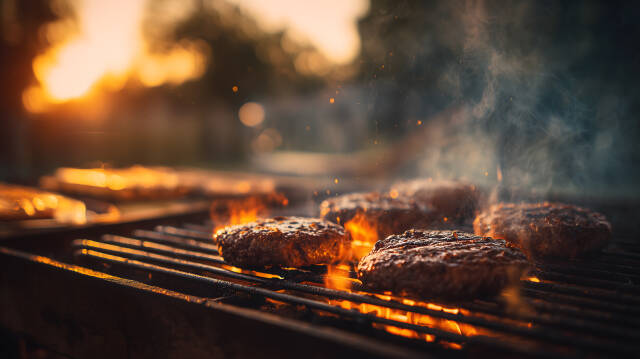 Saftige Burger brutzeln auf Grill mit Flammen