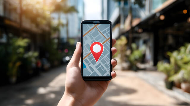 Smartphone mit Kartenansicht und rotem Positionspin