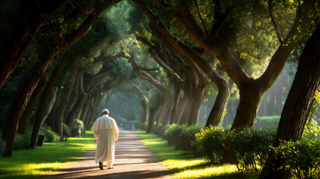 Papst spaziert allein durch grüne Vatikanischen Garten