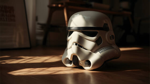 Stormtrooper Helm auf Holzboden in Licht und Schatten