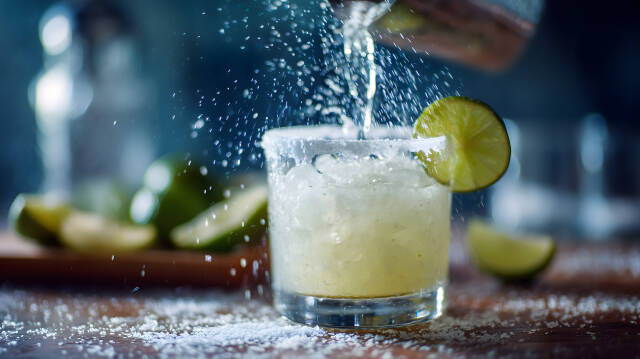Margarita mit Limette wird frisch in Glas gegossen