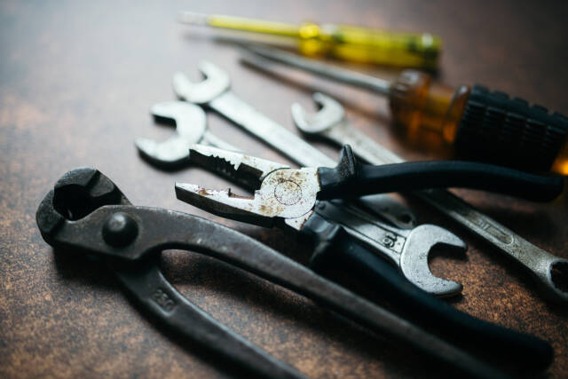 Old and dirty tools closeup.