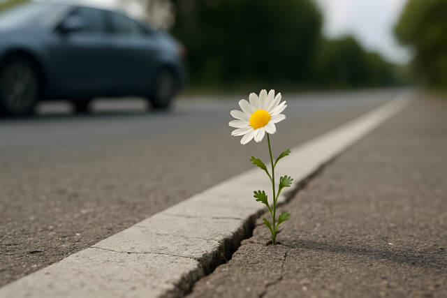 Gänseblümchen am Straßenrand in Asphaltspalte