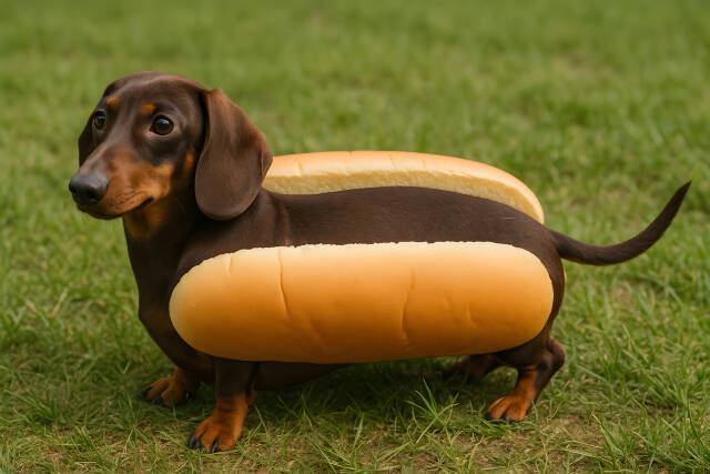 Dackel im Hotdog Kostüm auf Wiese