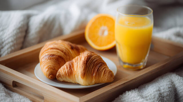 Frühstück im Bett mit Croissants und Orangensaft