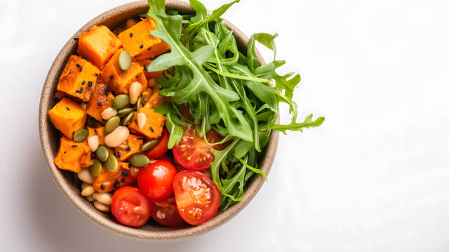 Vegane Bowl mit Süßkartoffeln Rucola und Tomaten auf weißem Hintergrund