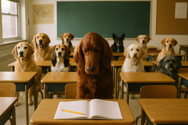 Hunde sitzen aufmerksam in Schulklasse wie echte Schüler
