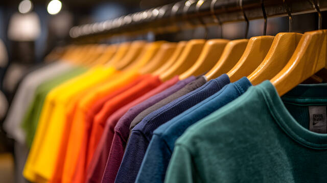 Bunte T-Shirts ordentlich auf Kleiderbügeln im Modegeschäft