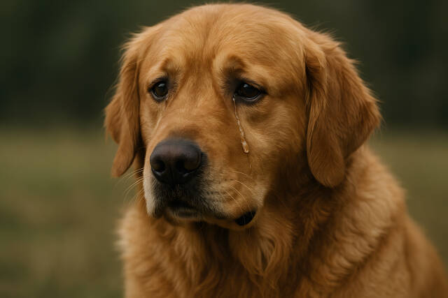 Golden Retriever weint traurig mit Träne im Auge