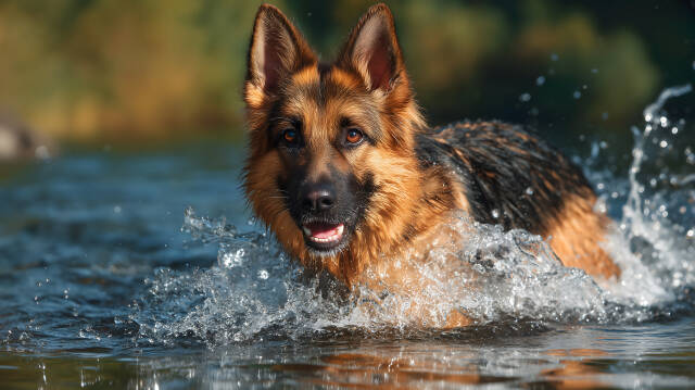 Deutscher Schäferhund springt fröhlich im klaren Wasser