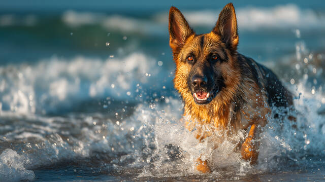 Schäferhund läuft voller Energie durch die Meereswellen