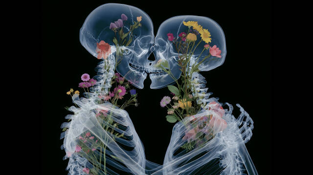 Röntgenaufnahme von zwei Skeletten mit Blumen im Kuss