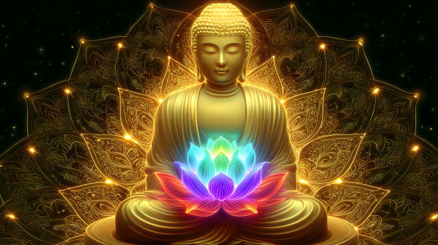 Goldener Buddha mit leuchtender Regenbogen-Lotusblume