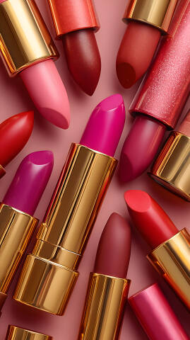 Luxuriöse Lippenstifte in leuchtenden Farben auf Rosa