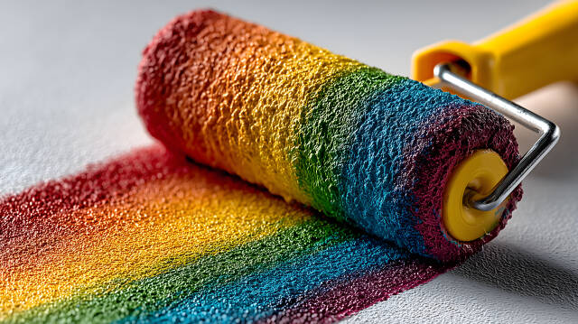 Nahaufnahme Farbroller mit Regenbogen auf glatter Fläche