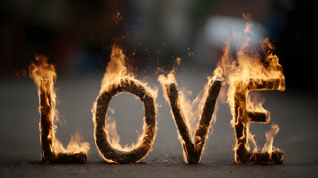 LOVE: brennende Buchstaben auf Asphalt