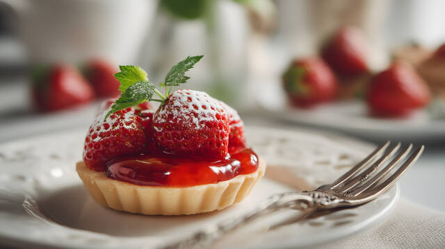 Frische Erdbeertarte mit Minze und Puderzucker