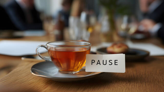 Teetasse mit Pause Karte auf Konferenztisch