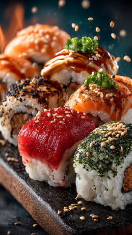 Bunte Sushi Vielfalt mit Sesam auf schwarzem Steinbrett