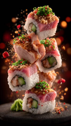 Kreative Sushi Komposition mit knusprigem Topping und Frühlingszwiebeln