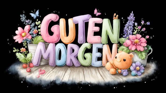 Guten Morgen Grußkarte mit bunten Blumen und Teddybär