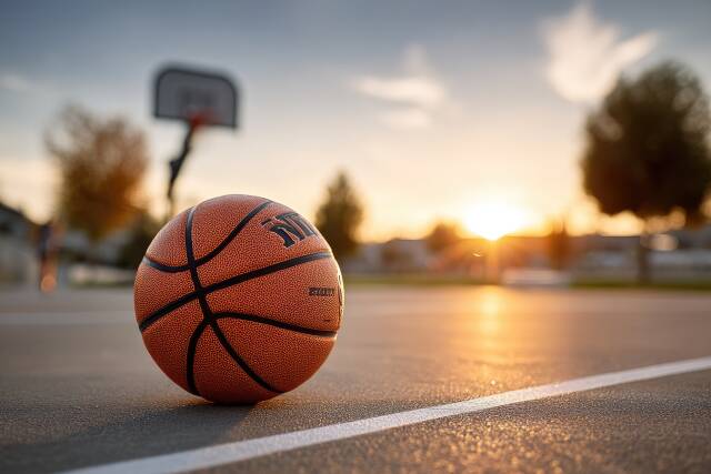Basketball auf dem Spielfeld bei goldenem Sonnenuntergang