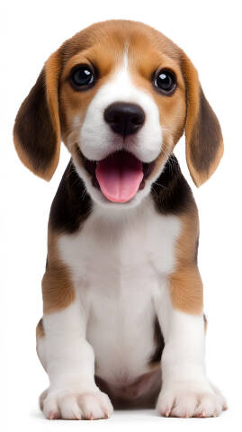 Beagle Welpe lachend sitzend auf weißem Hintergrund