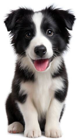 Border Collie Welpe lachend sitzend auf weißem Hintergrund