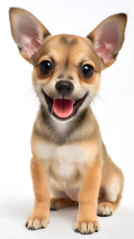 Chihuahua Welpe lachend sitzend auf weißem Hintergrund