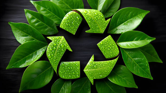Recycling Symbol aus grünen Blättern mit Tautropfen