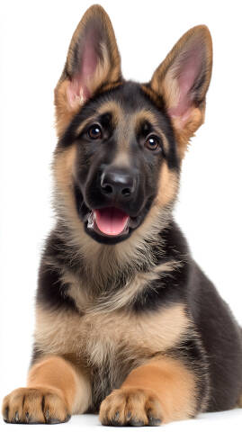 Deutscher Schäferhund Welpe lächelnd auf weißem Hintergrund