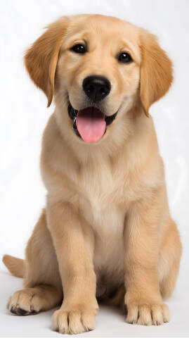 Golden Retriever Welpe fröhlich auf weißem Hintergrund
