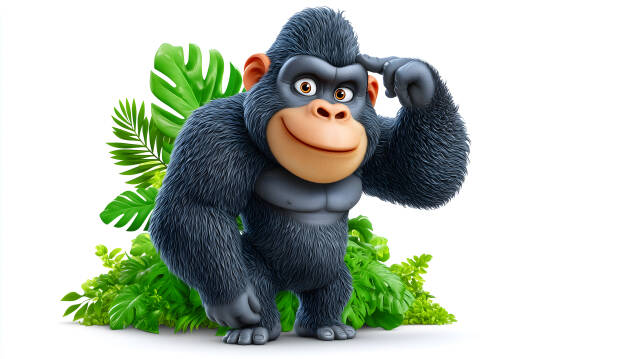 Intelligenter Gorilla steht vor Pflanzen und denkt nach